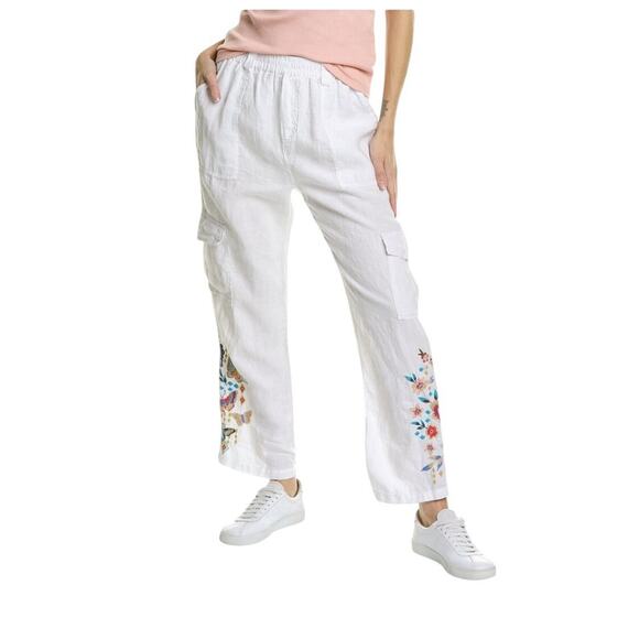 JOHNNY WAS Mariposa Size Large White Embroidered Linen Pull-On Comfort Pants NWT - Picture 1 of 11